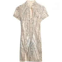 Superdry für Damen. W8011769A Minikleid mit Mao-Kragen und silbernen Pailletten (S), Party, Kurzarm, Recyceltes Polyester, Nachhaltig