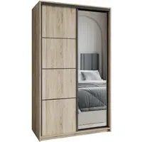 Masseno Schiebetürenschrank VARO 120/205/60 cm Kleiderschrank mit Schubladen Schlafzimmer Schrank 2-türig mit Spiegel Sonoma Eiche + Schwarz
