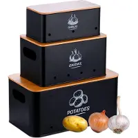 Relaxdays Aufbewahrungsbox 3er Set, Kartoffeln Zwiebeln Knoblauch, Gemüsebox Deckel, Vorratsdose Küche, Metall, schwarz