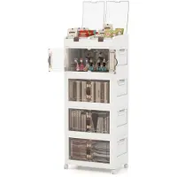 Costway Zusammenklappbare Aufbewahrungsbehälter mit Deckel, 4er-Pack stapelbare Kunststoffboxen mit Rädern, klappbarer Rollschrank mit nach vorne öffnenden magnetischen Türen & 210 L Kapazität, Weiß