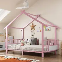 STILVORA Kinderbett 90x200 cm mit Matratze Bettgestell in Hausform mit Dachdesign, Metallbett mit Sicherheitsgitter, Jugendbett mit dekorativem Rahmen Rosa