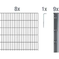 Alberts Doppelstabmattenzaun 6-5-6, Matten 2,50 m, Höhe 83 cm, Länge 20 m, anthrazit, Zaun als Komplettset, Pfosten mit Klemmlasche 60x40 mm