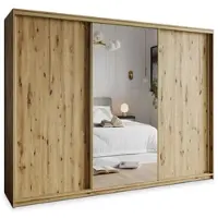 Masseno Schiebetürenschrank TAVI 270/205/60 cm Kleiderschrank mit Schubladen Schlafzimmer Schrank 3-türig mit Spiegel Eiche Artisan + Gold