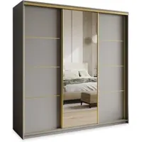 Masseno Schiebetürenschrank VARO 180/205/60 cm Kleiderschrank mit 4 Schubladen Schlafzimmer Schrank 3-türig mit Spiegel Graphitfarben