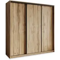 Masseno Schiebetürenschrank NISSE 200/205/60 cm Kleiderschrank mit Schubladen Schlafzimmer Schrank 3-türig Eiche Wotan + Schwarz