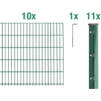 Alberts Doppelstabmattenzaun 6-5-6, Matten 2,50 m, Höhe 2,03 m, Länge 25 m, grün, Zaun als Komplettset, Pfosten mit Abdeckleiste 60x40 mm