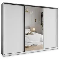 Masseno Schiebetürenschrank TAVI 270/205/60 cm Kleiderschrank mit Schubladen Schlafzimmer Schrank 3-türig mit Spiegel Weiß + Schwarz