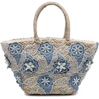 Kassandra Strohtasche Marcella Damen Handgeflochten mit blauen Blütenstickereien und Perlen blu jeans UNICA 54x25x16 cm BLU