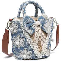 Kassandra Eimertasche Damen Baumwolle Blaudenimfarben Marcella mit Spitze und Perlen blu jeans UNICA 25x20x19 cm BLU