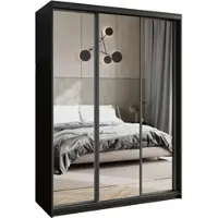 Masseno Schiebetürenschrank RIEN 150/205/60 cm Kleiderschrank mit Schubladen Schlafzimmer Schrank 3-türig mit Spiegel Schwarz + Schwarz