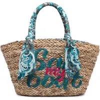 Kassandra Rattan Shopper Tasche Damen mit Reißverschluss Boho Chic Tote Bag Pink UNICA 54x26x16 cm