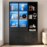 OKWISH Aufbewahrungsschrank mit Glastüren und LED, Vitrine mit vier Schubladen und offenen Fächern, Highboard Viel Stauraum, Schwarz