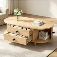 OKWISH Couchtisch zwei Schubladen und Rolltüren, Runder Sofatisch mit Massivholzbeinen, Wohnzimmertisch Für Wohnzimmer in Natur