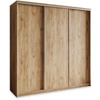 Masseno Schiebetürenschrank NISSE 200/205/60 cm Kleiderschrank mit Schubladen Schlafzimmer Schrank 3-türig Craft Eiche Goldfarben + Satin