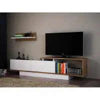 Skye Decor , Moderne TV-Einheit, 180 cm, Weiß und Walnuss, 100% melaminbeschichtete Spanplatte, 18 mm dick, Wandmontage möglich, zahlreiche Regale, zusätzlicher Stauraum.