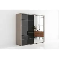 BM-Möbel A11 Kleiderschrank mit 2 Schiebetür aus Glas und Spiegel - Sonoma, Lacobel Schwarz - 200 x 62 x 215 cm