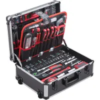 Meister Werkzeugtrolley 156-teilig - Werkzeug-Set - Mit Rollen - Teleskophandgriff / Profi Werkzeugkoffer befüllt / Werkzeugkiste fahrbar auf Rollen / Werkzeugbox komplett mit Werkzeug