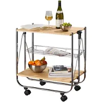 Wenko Servierwagen "Modell Dinett Deluxe", silber (ahornfarben, silberfarben), B:68cm H:70cm T:41cm, MDF, Rollwagen, Servierwagen, Küchenwagen mit 2 Ablagen und Korb, 4 Rollen, zusammenklappbar