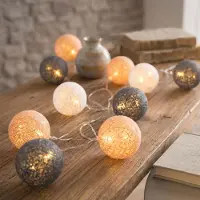 Levandeo Lichterkette LED 10er Baumwolle Kugeln Girlande Deko Braun Grau Weiß Baumwolleballs