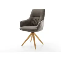DELIFE Drehstuhl Zelia-Flex mit Armlehnen Strukturstoff Soft Taupe Holzgestell kantig Natur 360° drehbar Taschenfederkern
