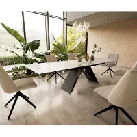 DELIFE Esstisch Edge 200-300x100 Keramik Calacatta Luxe Weiß-Gold-Grau V-Gestell Flachstahl Schwarz ausziehbar