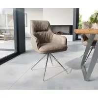 DELIFE Esszimmerstuhl Zelia-Flex mit Armlehnen Mikrofaser Taupe Vintage Kreuzgestell konisch Edelstahl Taschenfederkern