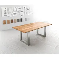 DELIFE Esstisch Edge 200x100 Akazie Natur Edelstahl Breit Live-Edge