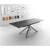 DELIFE Esstisch Edge 180-220x100cm Keramik LaminamNero Greco Anthrazit Kreuzgestell Rechteck Edelstahl ausziehbar