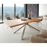DELIFE Esstisch Edge 240x100 Akazie Natur Kreuzgestell Rechteck Edelstahl Live-Edge