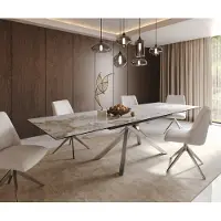 DELIFE Esstisch Edge 200-300x100 Keramik Minas Melange Weiß-Beige Kreuzgestell Rechteck Edelstahl ausziehbar