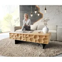 DELIFE Couchtisch Solu 120x70 cm Eiche Natur 4 Schübe Fuß schwebend Metall Schwarz 3D-Front