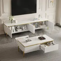 OKWISH TV-Schrank Couchtisch mit zwei Schubladen, Wohnzimmertisch mit Stauraum und goldfarbenen Tischbeinen,Beistelltisch hochglänzende Oberfläche in Unifarbe,Weiß
