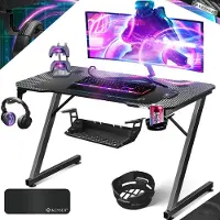 Kesser Gaming Tisch LED Z-Form, Kopfhörerhaken, ergonomisch, inkl. Mauspad & Getränkehalter
