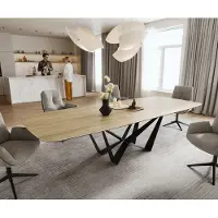 DELIFE Esstisch Edge Boot 240-300x120 cm Keramik Laminam Sabbia Eichefarbig Spider Flachstahl Schwarz ausziehbar
