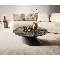 DELIFE Couchtisch Edge Rund 90x90 cm Keramik Emperador Extra Lucidato Dunkelbraun Conis Metall Schwarz
