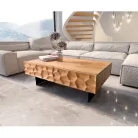 DELIFE Couchtisch Solu 120x70 cm Akazie Natur 4 Schübe Fuß schwebend Metall Schwarz 3D-Front