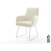 DELIFE Esszimmerstuhl Heira-Flex mit Armlehnen Teddystoff Beige Kufengestell Edelstahl Taschenfederkern