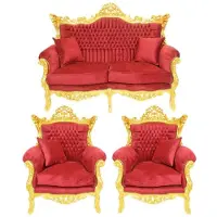 Casa Padrino Barock Wohnzimmer Set Bordeaux Samtstoff / Gold - 2er Sofa + 2 Sessel
