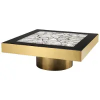 Casa Padrino Luxus Edelstahl Couchtisch mit Kunstmarmorplatte Messingfarben / Hochglanzschwarz / Grau 100 x 100 x H. 38 cm - Designer Wohnzimmermöbel