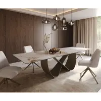 DELIFE Esstisch Edge 300x100cm Keramik Minas Melange Weiß-Beige Infinity Metall Effektfinish Titan