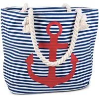 StyleBREAKER gestreifte Strandtasche mit Anker Print | maritimer Shopper mit Kordelgriffen | Badetasche groß 46 x 34 x 12 cm