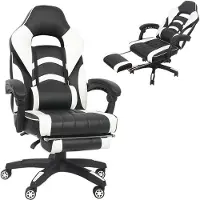 Feel2Home Gamingstuhl Bürostuhl mit Fußablage und Lendenkissen, Rückenlehne bis 140 Grad neigbar, Kunstleder, Weiß/Schwarz