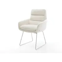 DELIFE Esszimmerstuhl Abelia-Flex mit Armlehnen Bouclé Soft Beige Kufengestell Edelstahl