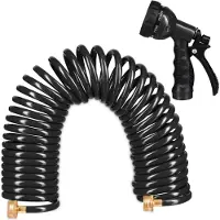 Relaxdays Spiralschlauch Wasser, bis 10 m ausziehbar, flexibler Gartenschlauch mit Wasserbrause, 7 Strahlarten, schwarz