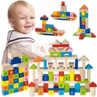 Vigatoys Viga Bausteinset, 100 Teile - Alphabet und Zahlen
