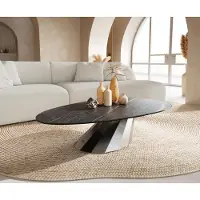 DELIFE Couchtisch Edge Oval 140x75 cm Keramik Laminam Noir Desir Braun Parabi Edelstahl gebürstet