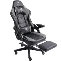 Trisens Gaming Stuhl im modernen Racing-Design mit ausziehbarer Fußstütze Gaming Chair mit verstellbaren Design Armlehnen ergonomischer Schreibtischstuhl mit extra Stützkissen,Farbe:Schwarz/Grau
