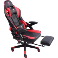 Trisens Gaming Stuhl im modernen Racing-Design mit ausziehbarer Fußstütze Gaming Chair mit verstellbaren Design Armlehnen ergonomischer Schreibtischstuhl mit extra Stützkissen,Farbe:Schwarz/Rot