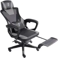 Trisens Gaming Stuhl im modernen Racing-Design mit einklappbarer Fußstütze - Gaming Chair mit flexiblen Armlehnen - ergonomischer Gaming Schreibtischstuhl mit extra Stützkissen ,Farbe:Schwarz/Grau