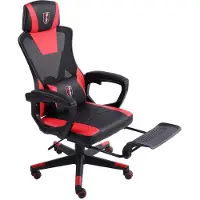 Trisens Gaming Stuhl im modernen Racing-Design mit einklappbarer Fußstütze - Gaming Chair mit flexiblen Armlehnen - ergonomischer Gaming Schreibtischstuhl mit extra Stützkissen ,Farbe:Schwarz/Rot